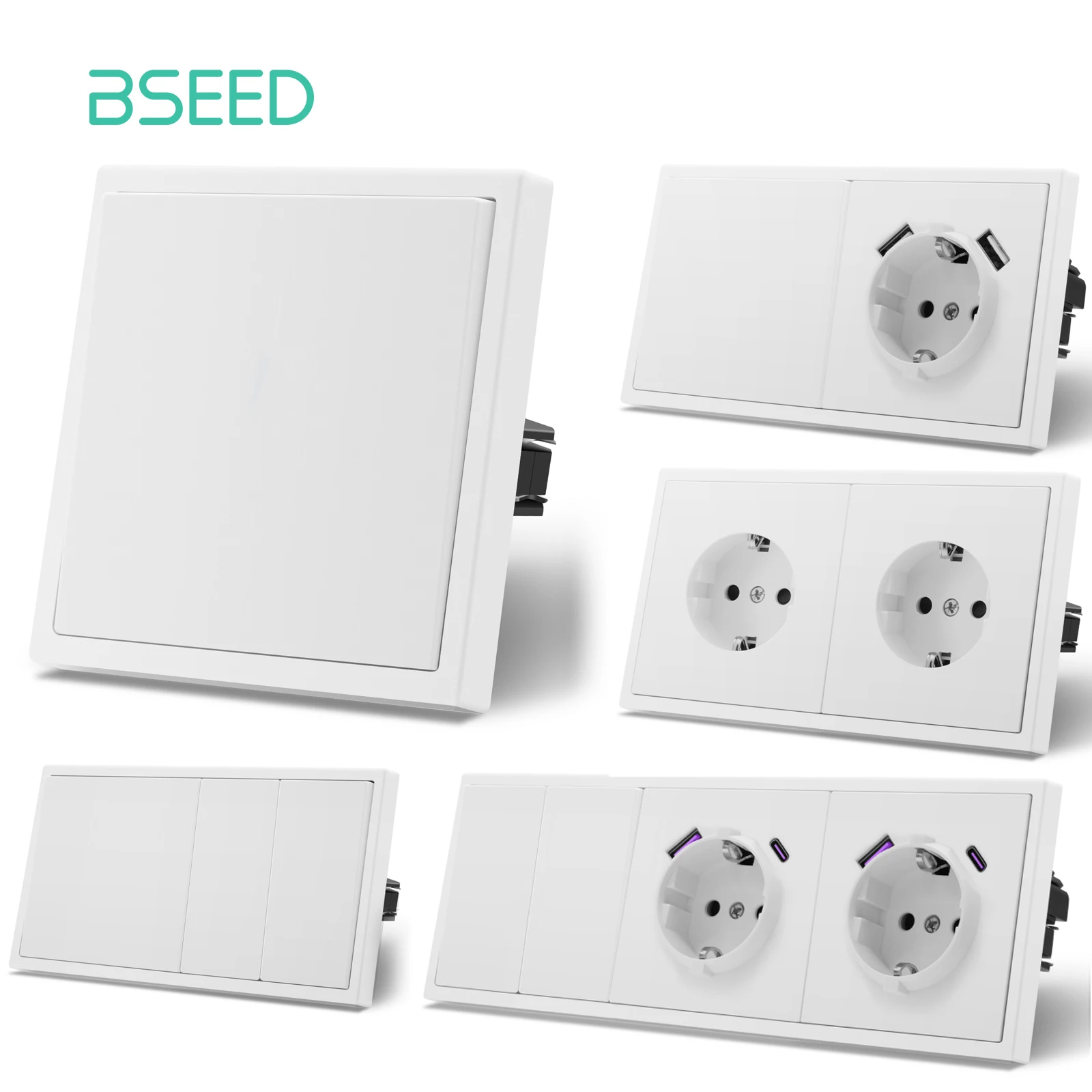 BSEED 16A Wall Power Socket Europe Large Button Wall Light Switches Type-C USB Phone Charge Port E-Series Plastic Panel