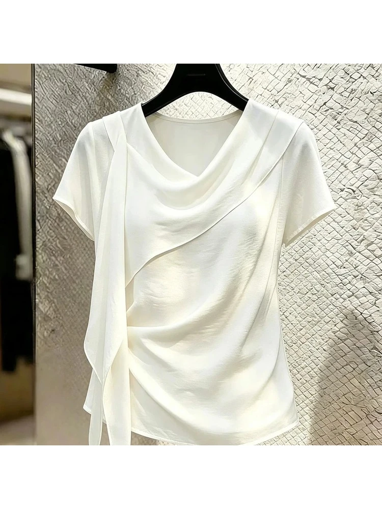 Casual Style Commute Short Sleeve T-Shirt Summer New Fashionable Versatile Casual Style Simple Design Ribbon Detail Top