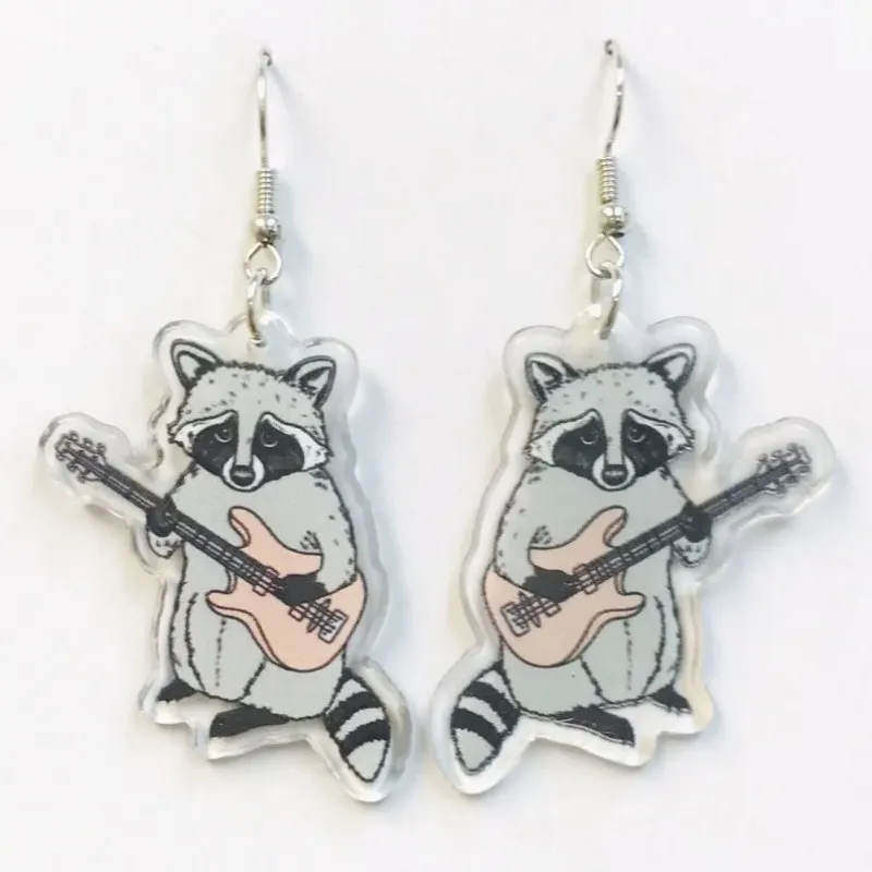 Cute Panda Raccoon Frog Music Guitar Acrylic Hypoallergenic Dangle Earrings Fun Animal Raccoon Handmad Earrings Music Lover Gift