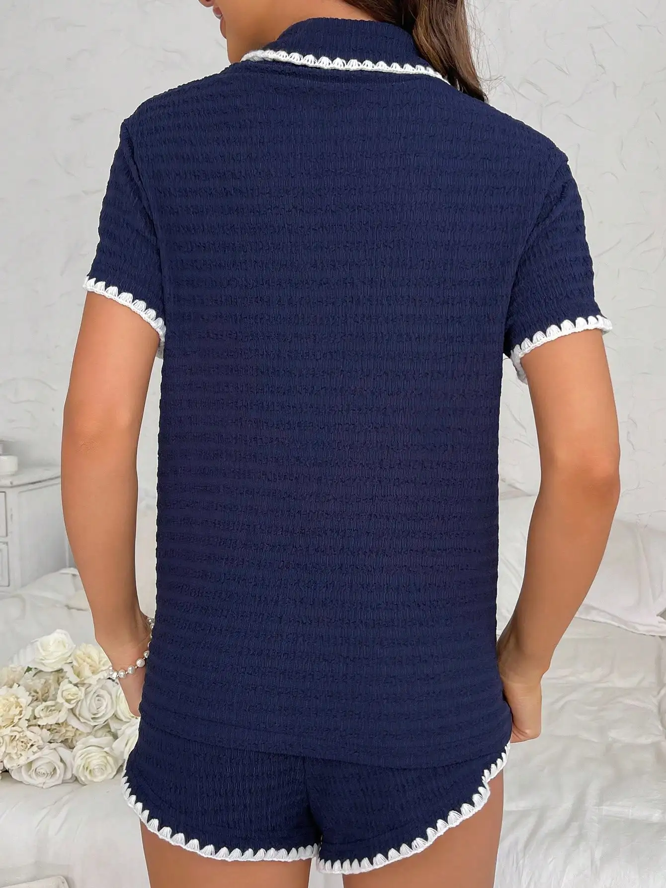 

Navy Blue Contrast Trim Lounge Set Pajama Outfit