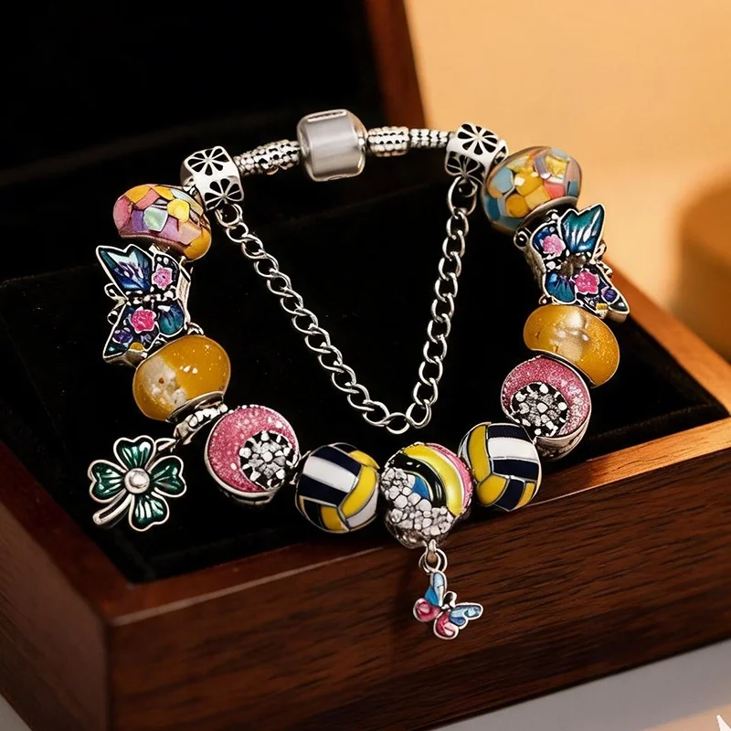 Fashion Spring Colored Butterflies Charm Bracelet With DIY Bead Pendant Bracelets For Women Jewelry Gift