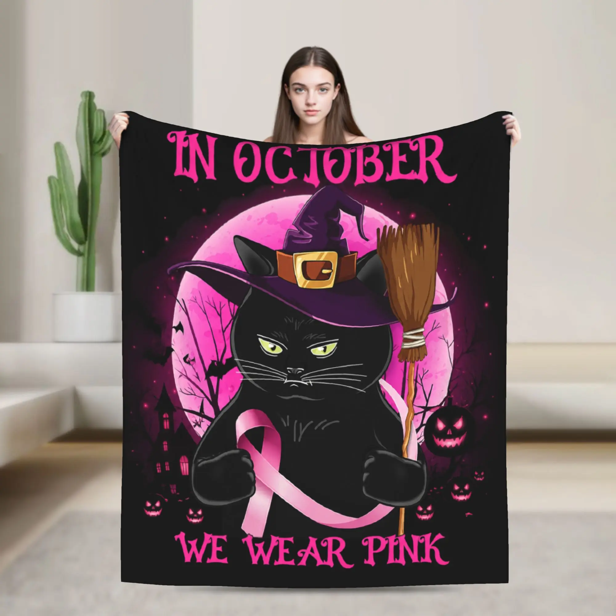 Breast Cancer Awareness Halloween Witch Cat October Pink Ribbon Blanket  Flannel Vintage Throw Blanket for Bedspread Decor