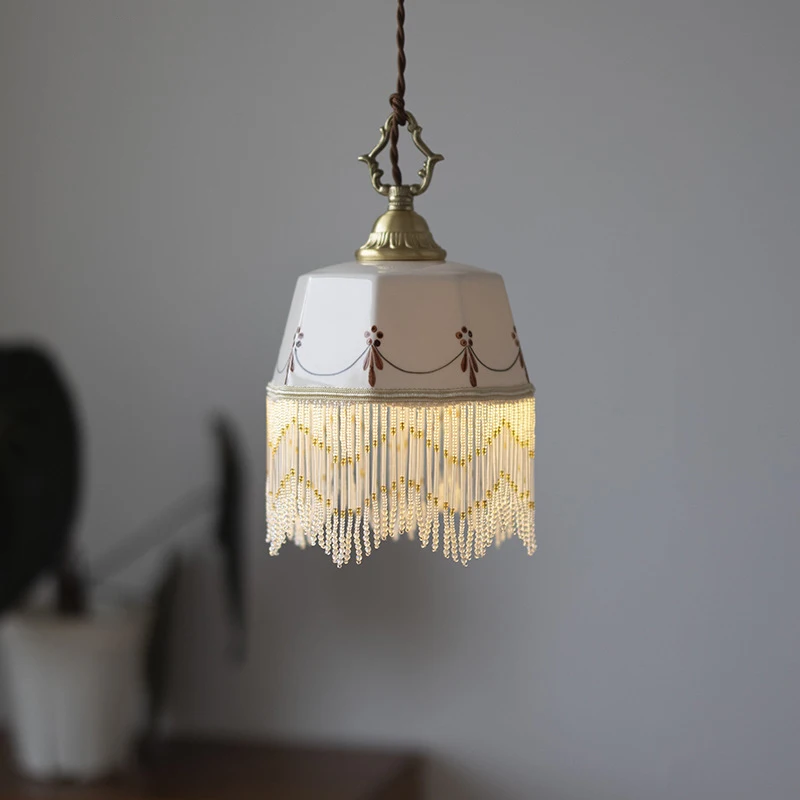 

French Tassel Hand-painted Ceramic Pendant Lamps Ceramics Sconces LED E27 Bedroom Bedside Hanging Light Living Room Hallway Dec
