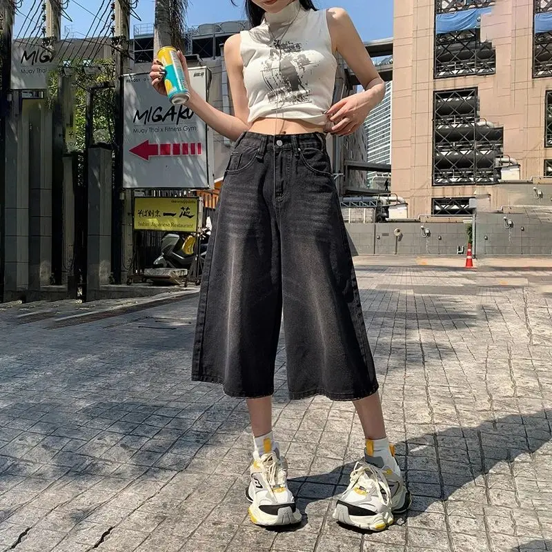 Summer American Style Vintage Women Baggy Jeans Y2k Loose Washed High Waist Knee Length Denim Pants Streetwear Wide Leg Shorts