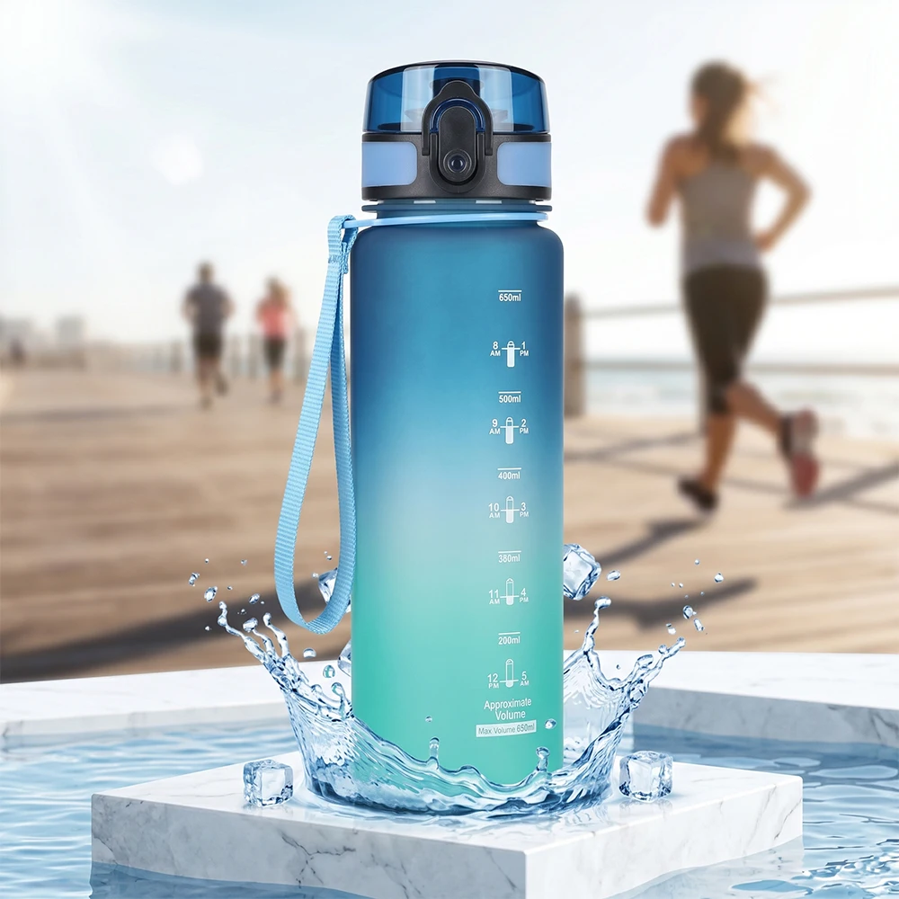 650ML Gradient Sports Water Bottle with Time Marker Large Capacity Leakproof Drinking Cup Summer Outdoor Fitness Travel Tumbler