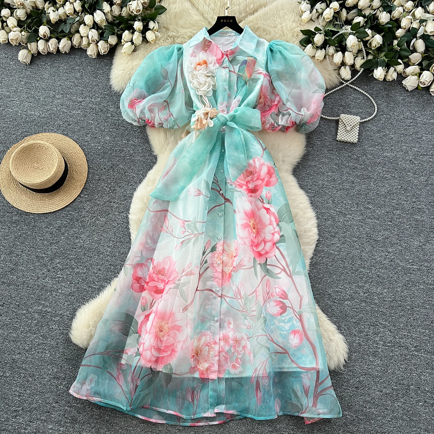 Robe de soirée de palais français vintage pour femmes, élégante, fleur 3D, revers, manches bouffantes, longue robe imprimée, vêtements de Festival haut de gamme, nouveau