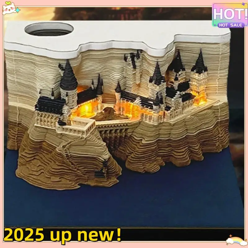 Classy-1 Set 3D Castle Calendar With LED Lights Paper Carving Art Desk Calendar Magic Castle Weekly Calendar Notepad Pen Holder