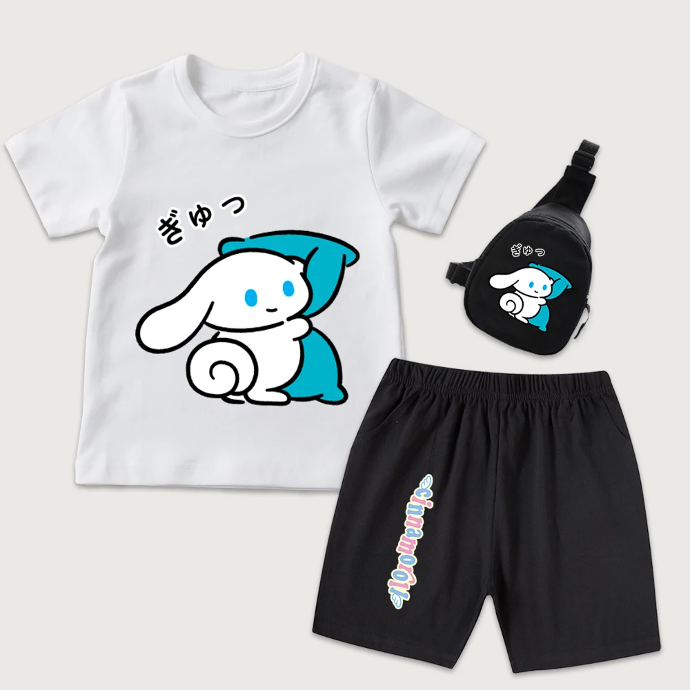 

Детский комплект из 3 предметов: футболка с принтом Cinnamoroll, уютная подушка, шорты и мини-сумка на грудь, для мальчиков и девочек, повседневный летний наряд