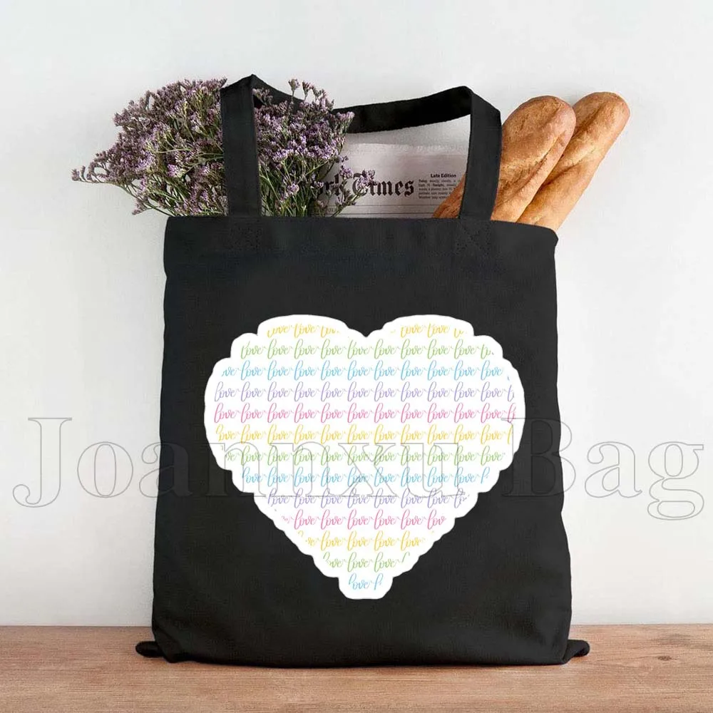 COLORFUL LOVES Hearts Rainbow Word Love in Several Languages Cute Large Capacity Durable Canvas Tote Bag Cotton Shopping Handbag
