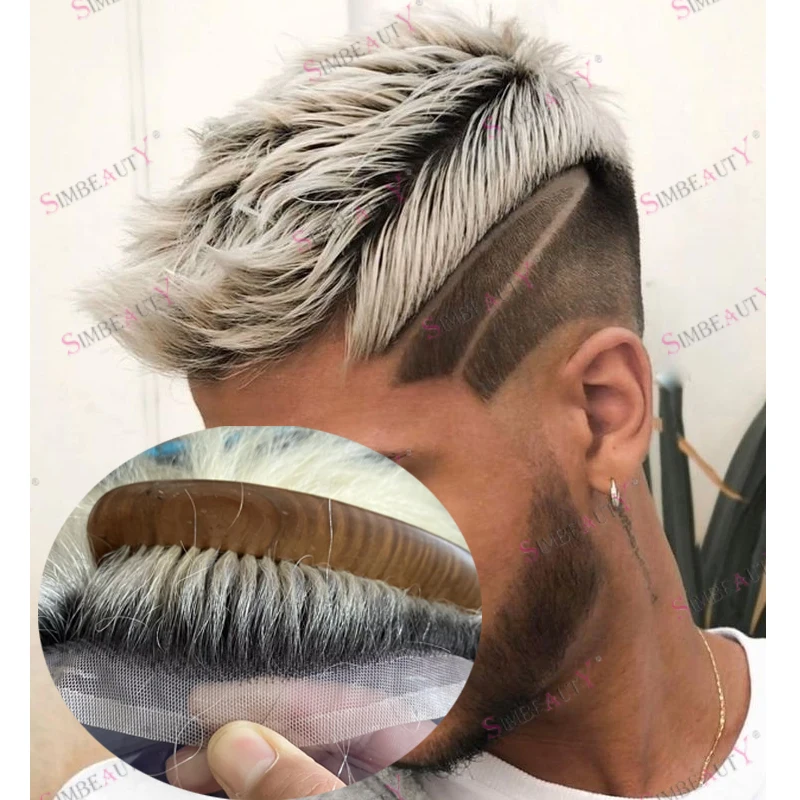 

Необнаружимые 1B Натуральные Черные Корни 60R Платиновый Блондин 100% Человеческие Волосы Мужские Парики Дышащие Полные Швейцарские HD Кружева Прочный Парик