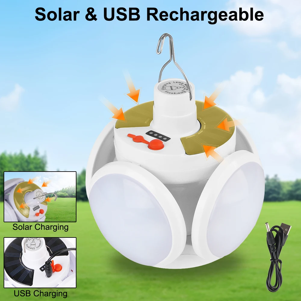 Emergency Lights Folding LED Football Bulbs Portable Solar Outdoor Tent Lamp With Hanging Hook Camping Lantern USB Rechargeable