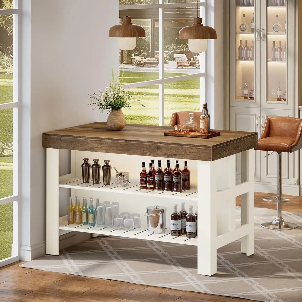55.1 Counter Height Home Bar Table with Storage Shelves for Kitchen Dining Area