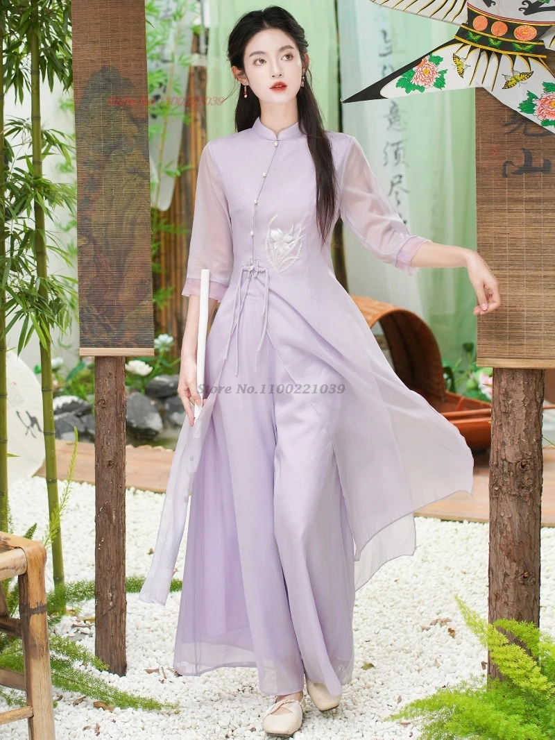 2025 فيتنام فستان عتيق مطرز بالزهور الوطنية فستان تشيباو الشيفون + فستان أطفال مع سروال داخلي ريترو أوداي أنيق فستان مأدبة شرقية