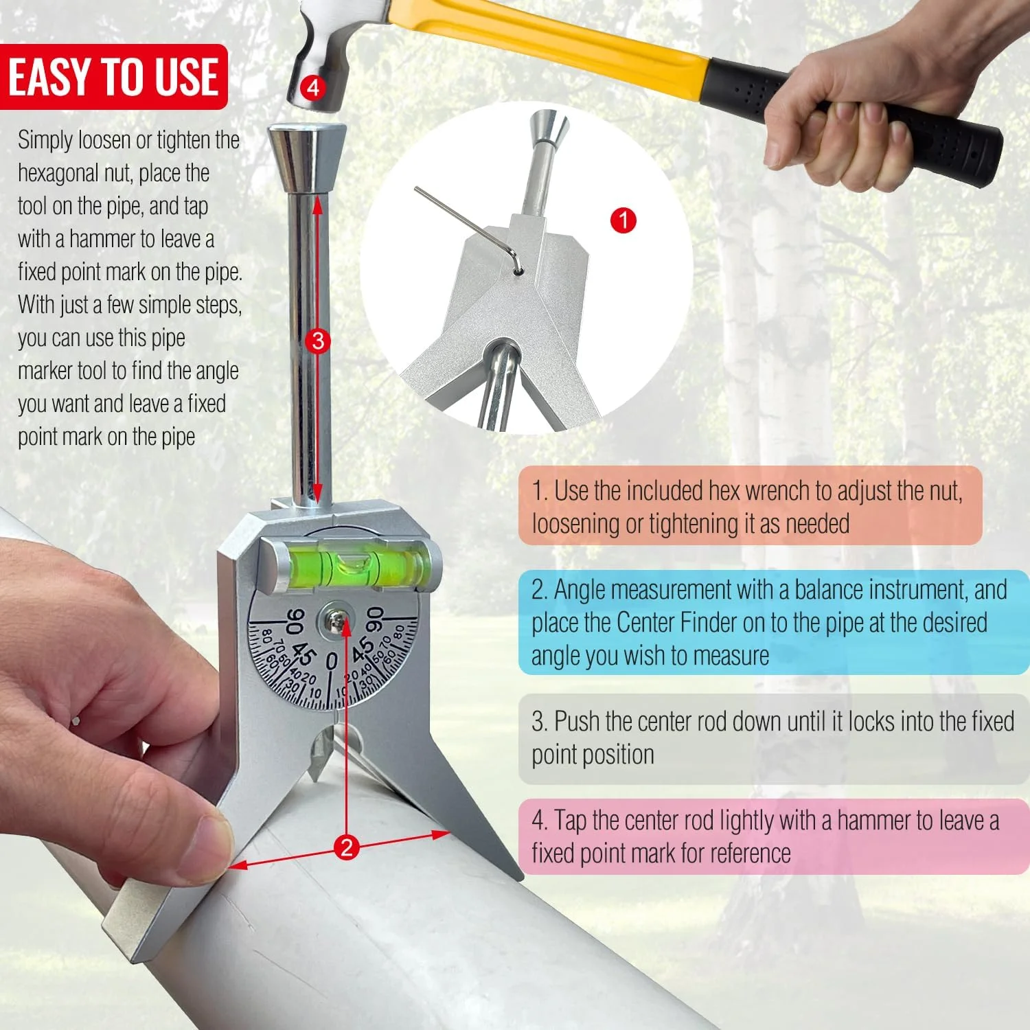 Wyszukiwarka środka rury Pomiar średnicy rury za pomocą regulowanego kątomierza bąbelkowego 4-calowy znacznik rur bezpieczeństwa typu Y Narzędzie z głowicą centrującą