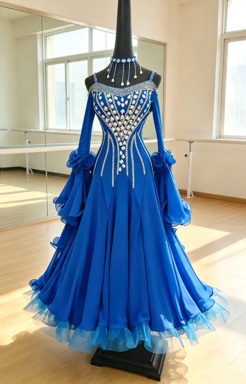 Advanced Customization Ballroom Competition Dance Dresses Women Blue Standard Ballroom Skirt Adult Waltz Ballroom Dancing Dress