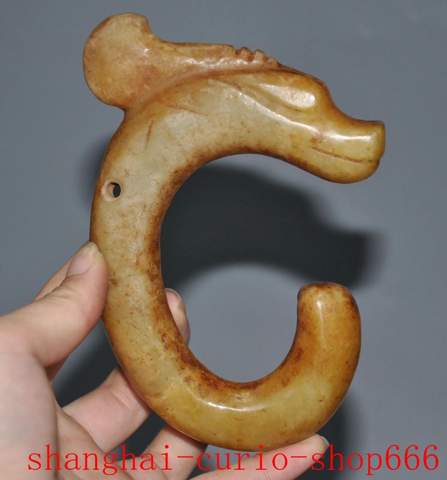 

5 inch ancient Chinese Hongshan culture old jade festival feng shui dragon hook statue -Natural materials