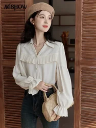 MISHOW Retro Long Sleeve Shirt Women Fashion Lace Ruffed V-neck 2024 Fall Loose Thin Design Temperament Sweet Blouse MXD43C0330