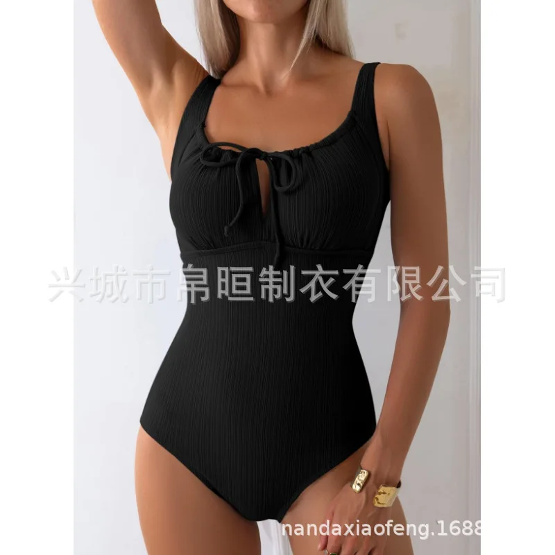 2026 Textured Tie Side Cutout One Piece Swimsuit Women Tummy Control Push Up Ruched Swimwear Beach Vacation Summer Bodysuit Tops
