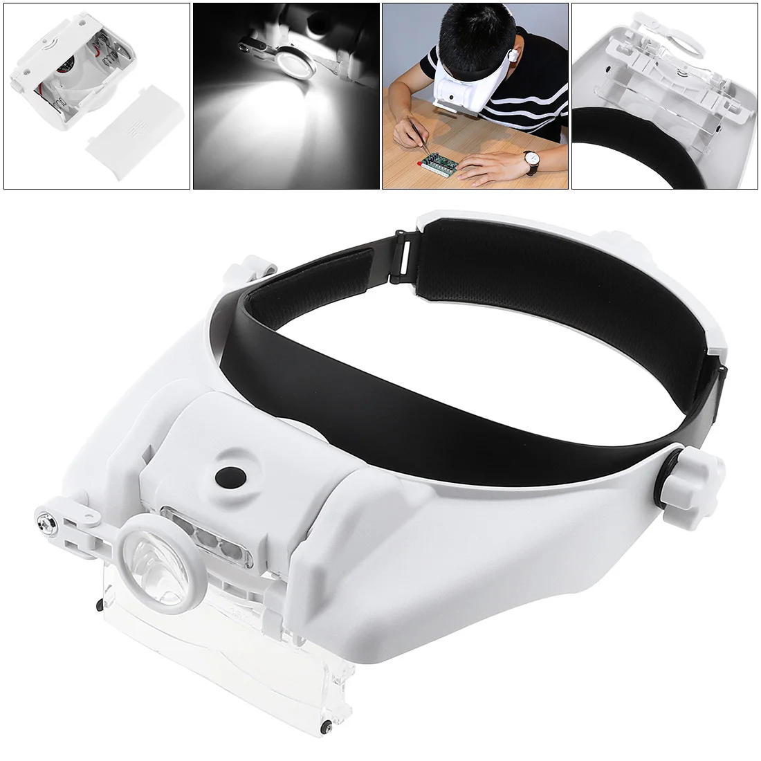 Ajustável Headband Eyeglass Magnifier, Lupa, Eyewear Lupa com luz LED para leitura de jóias, reparo do relógio