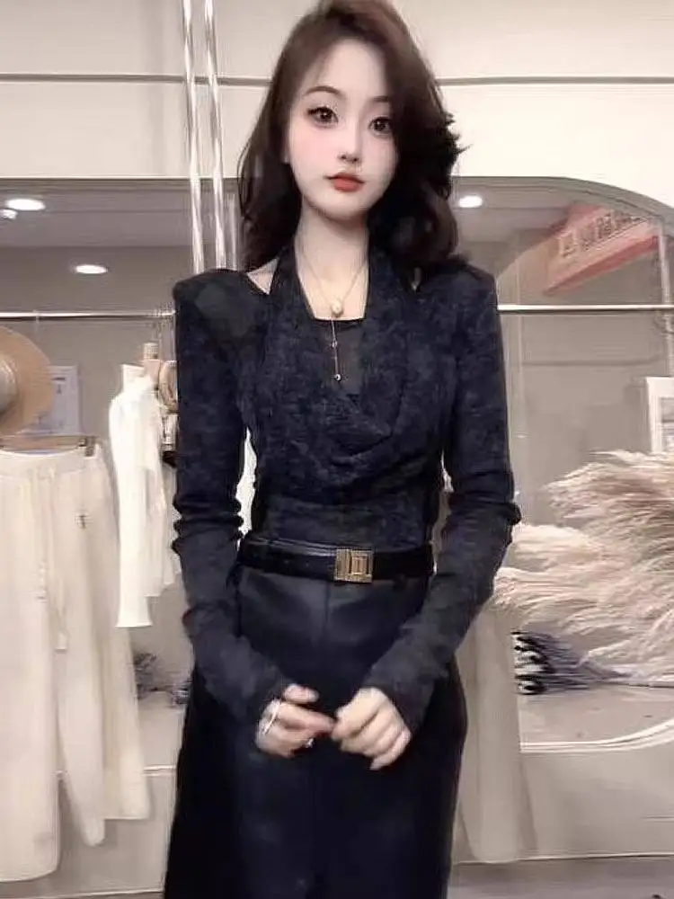 

Elegant Pure Color Slim Fit Long Sleeve T-Shirt Neck Hanging Design Versatile Top for Autumn 2025 Fashionable Women's Shirt
