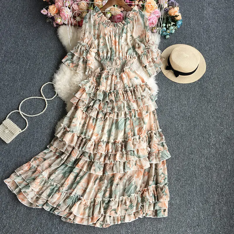 Floral Slash Collar Off The Shoulder Short Sleeve Dress 2023 Spring Summer Fashion Slim Printed Elegant Korean Women Dress T1603