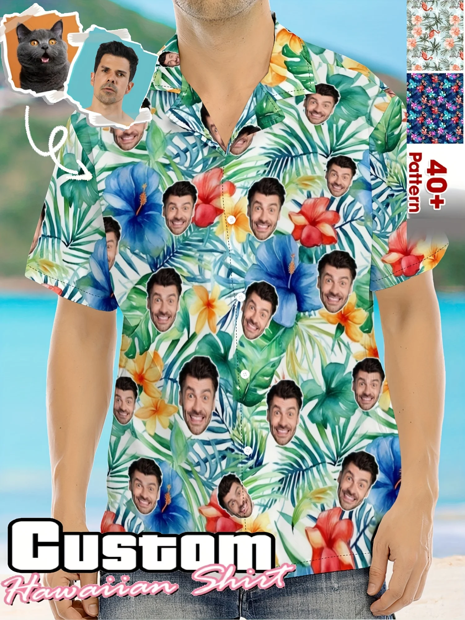 Customized Face Photo Men'S Shirt 3d All Over Print Hawaiian Style Shirt Men'S Short Sleeve Button Lapel Shirt For Summer Beach