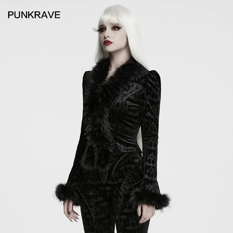 PUNK RAVE Women's Gothic Embossed Bat Pattern Velvet Shirt Slim Cutting Flared Sleeve Party Club Dark Top