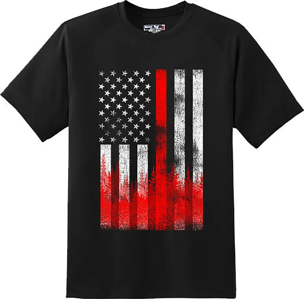 Thin Red Line Wild land Firefighter  US Flag  America  Gift T Shirt Graphic TeeHigh Quality 100%Cotton Short Sleeve