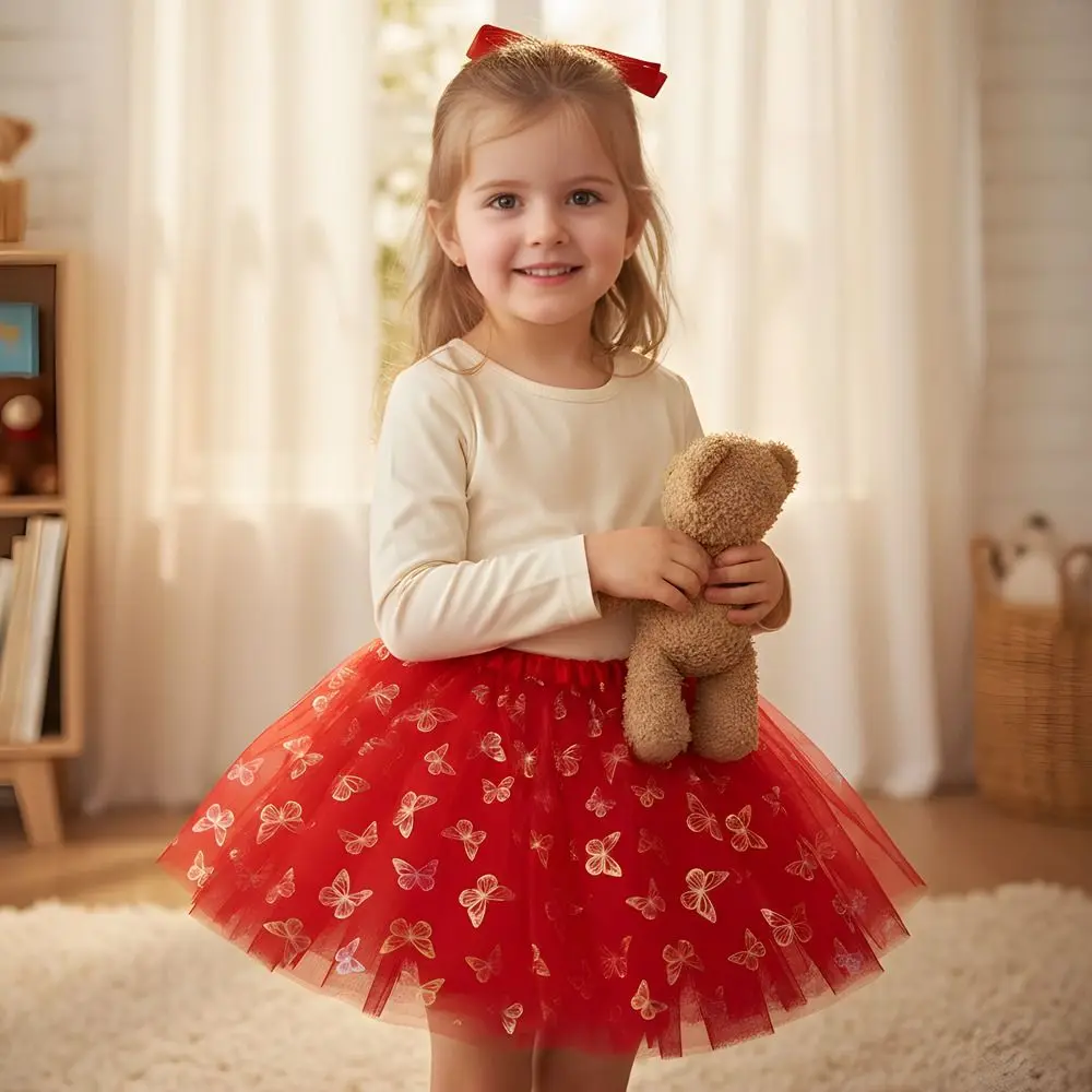 Butterfly Print Tulle Skirt Three-Layered Elastic Waist Tutu Skirt A-Line Short Polyester Fiber Dance Costume Party Role-playing