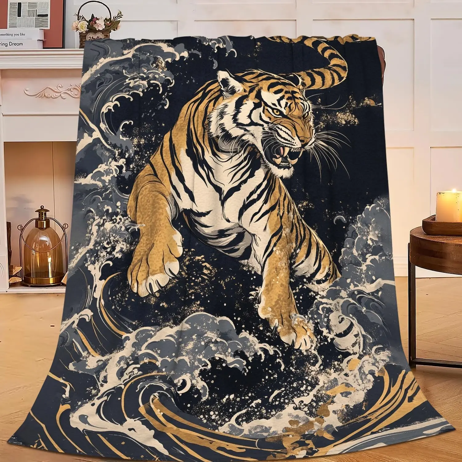 Chinese Style Ferocious Tiger Sea Wave Dark Retro Trend Decor Cozy Blanket Ideal For Lounge Bedroom Couch Indoor Outdoor Home