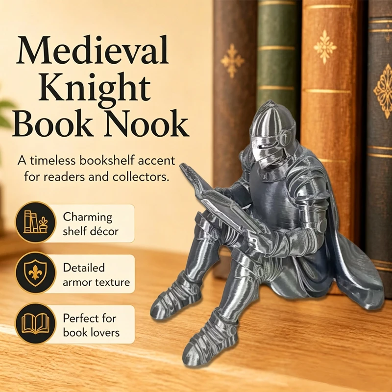 Vintage Medieval Armor Knight Book Nook Statue 3D Print Reading Knight Figurine Desktop Decoration Book Ornament Creative Gift