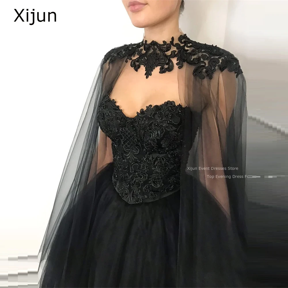 XIjun Black Evening Dresses Lace Flower Appliques Prom Dresses Cape Sleeves Party Dresses Tulle Backless Prom Gowns Floor Length