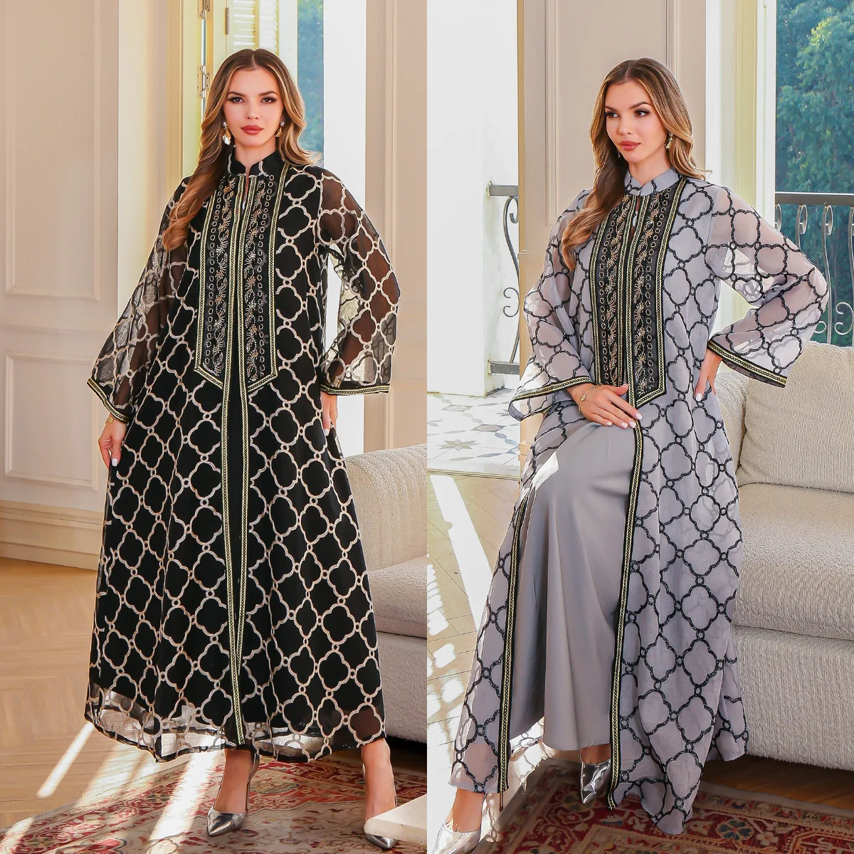 

Мусульманское вышитое абайи из двух частей, марокканский кафтан с сетчатыми рукавами, роскошное женское вечернее платье