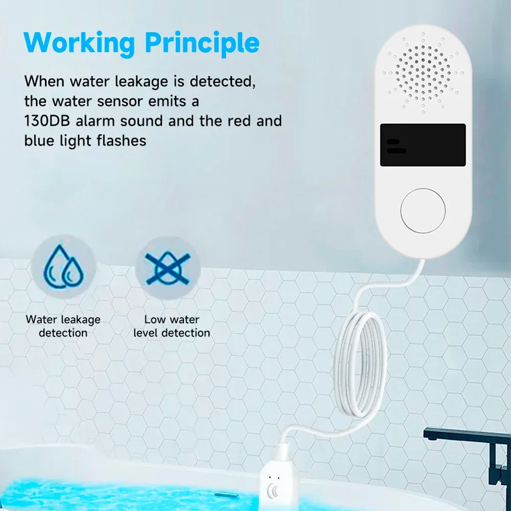 Alarma no inteligente con sonido y luz Sensor de fugas de agua de 130 dB Dispositivo de seguridad para el hogar impermeable esencial para detección de fugas.