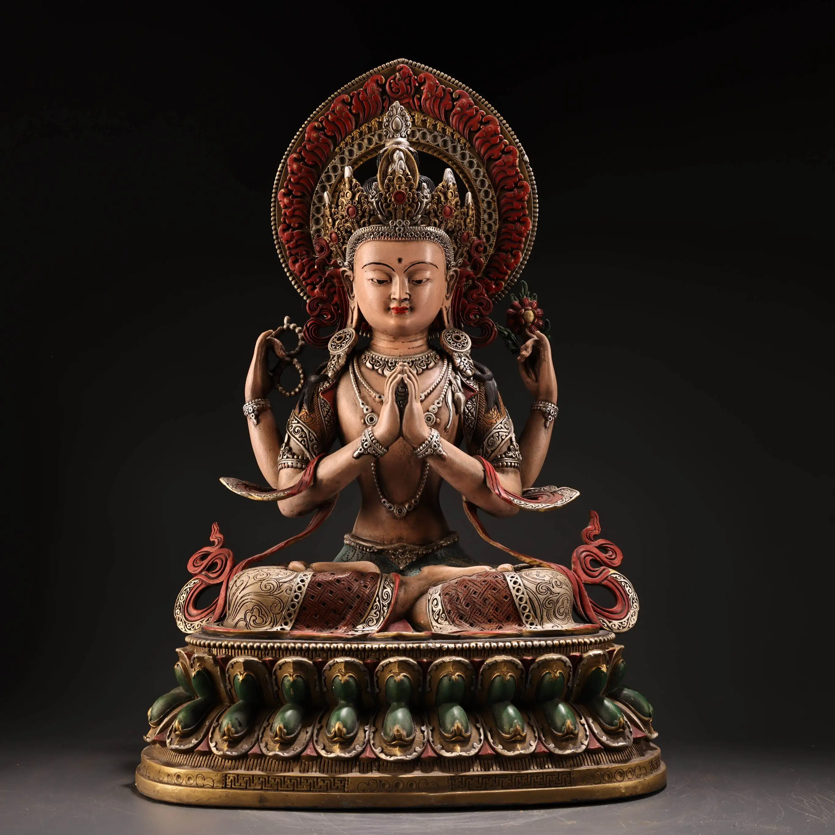 Tibetan Old Copper Painted Gold Highlight Four-Armed Guanyin Statue Serene Face Heavy Patina Exquisite Craft