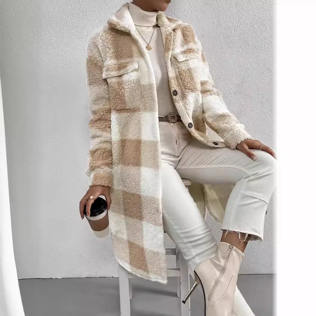 

Fall/Winter Button-Open Collar Flared Fur Plaid Coat - Loose-Fitting Elegant Business Length Coat