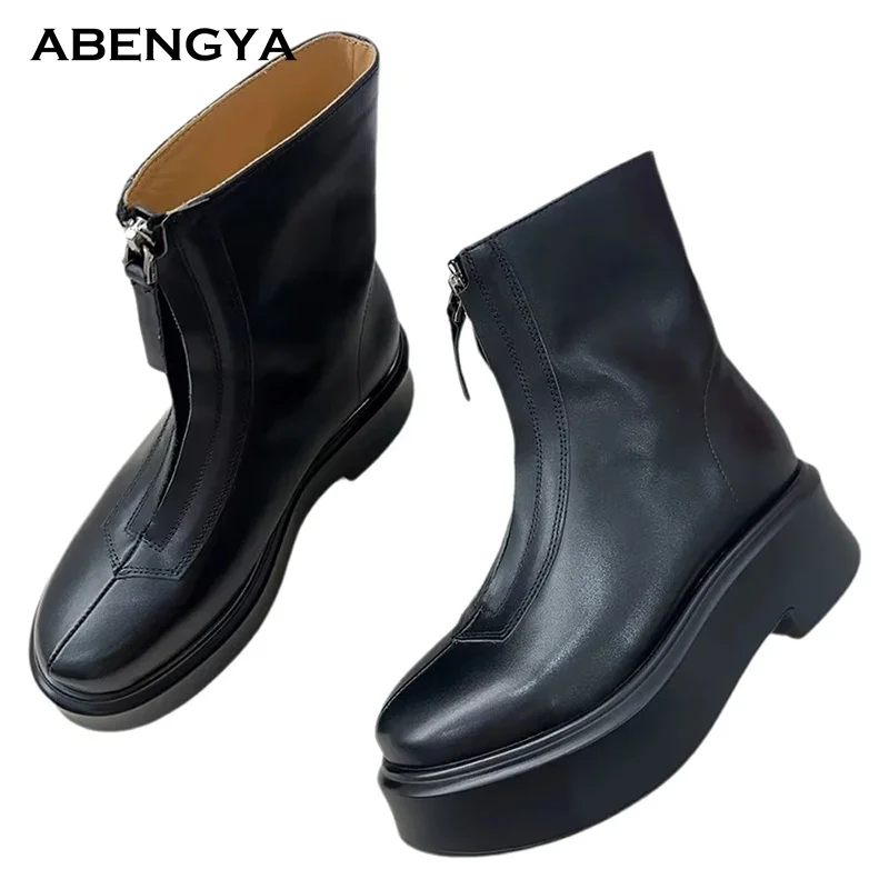 2026 Winter New Leather Middle Calf Boots Women Round Toe Front Zip Short Boots Designer Casual Party Chelsea Boots For Women