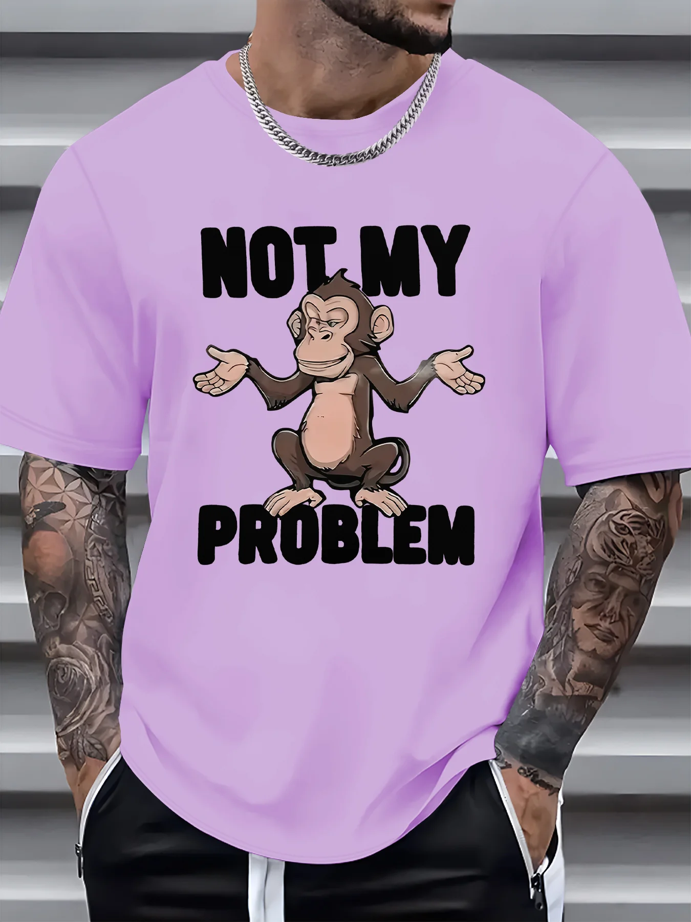 Men's Summer 100% Cotton Fashion Casual Not My Problem Monkey Printed Loose Round Neck Short Sleeve T-shirt Top