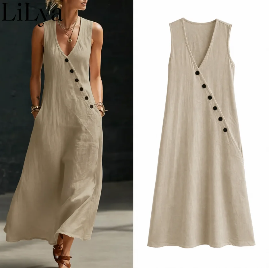 Elelgant Sleeveless Maxi Dress Woman Summer Deep V Neck Asymmetric Button with Pockets Casual Beach Vacation Loose Long Dress