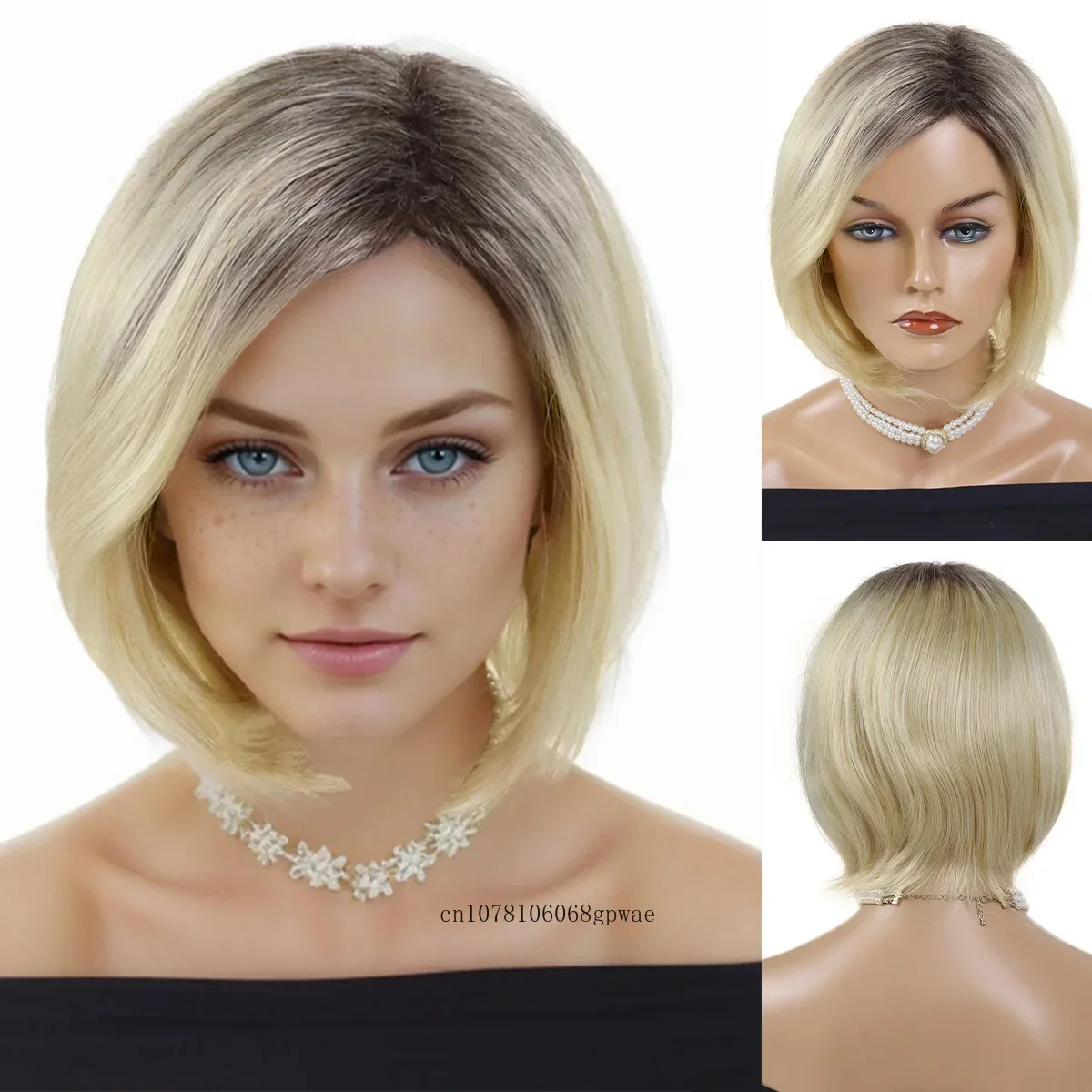 Synthetic Short Blonde Wigs for Women Bob Wig Natural Straight Wig with Dark Root Side Part Hair Daily Party Cosplay Halloween