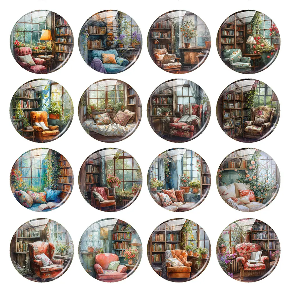 Random Mixed Round/Oval/Square Sofa Love To Read Bookshelf Book Photo Glass Cabochon Flatback Demo Cameo For Diy Jewelry Making