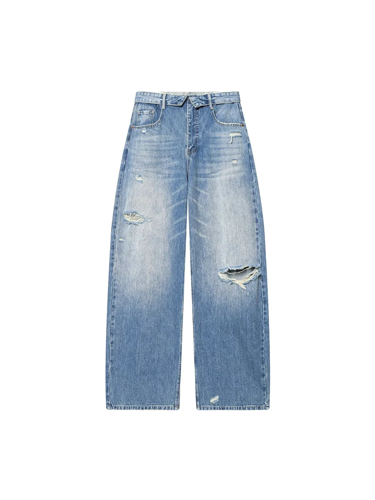 2026 nieuwe dameskleding, Frans casual design met geperforeerde details, jeans met opvouwbare tailleband en middelhoge taille. - afbeelding 2