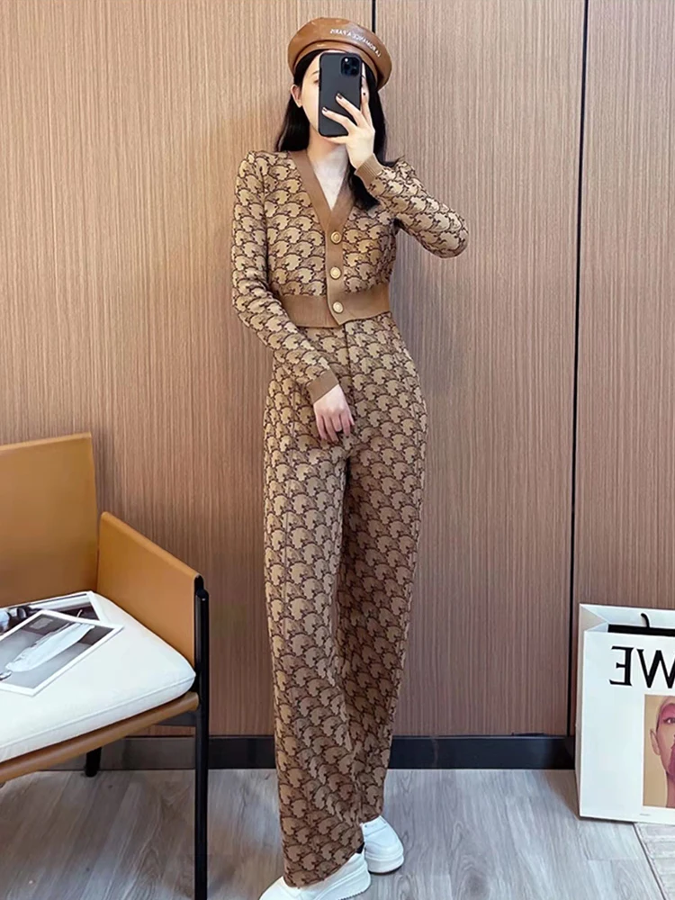 Fall Winter Vintage Print 2 Piece Sets Elegant Soft V-neck Sweater Cadigan Tops Conjunto Casual High Waist Wide Leg Pants Outfit