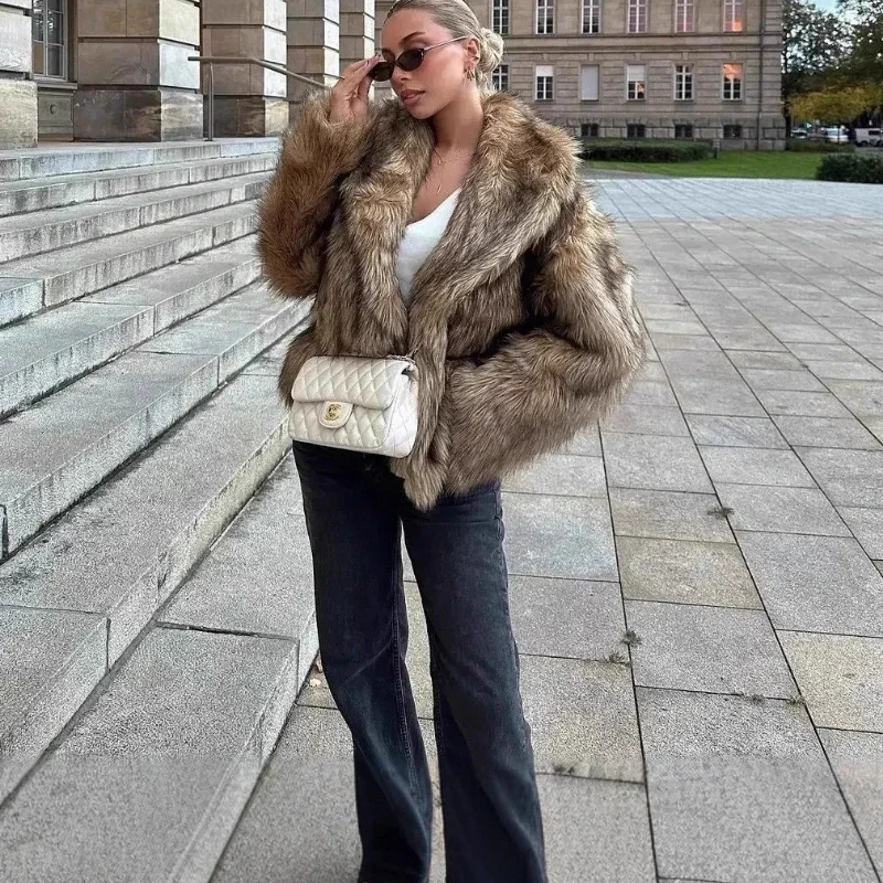 Elegante pluizige namaakbont uitloper damesmode revers lange mouwen pluche dikke jas winter nieuwe dagelijkse high street uitloper