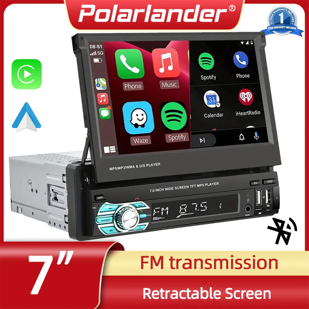 

MP5 Player Manually Retrackable AM Bluetooth 7" with Apple Carplay Android Auto Mirror Link Touchscreen 4 Led Camera 1 Din FM