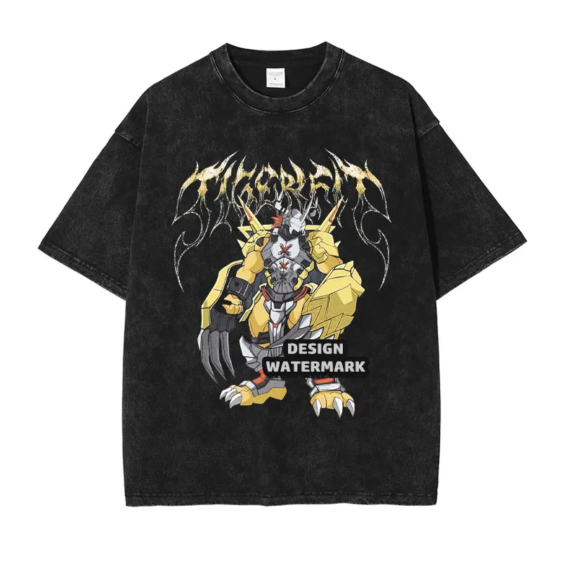 Digimon T Shirt Anime War Greymon Angemon Tank Tops Vintage Washed Tops Tees Manga Short Sleeve Oversized T-shirt 100% Cotton