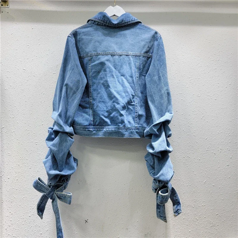 2024 Autumn New Lapel Bow Design Women's Denim Jacket Fashion Versatile Long Sleeve Short Coat Female Trendy