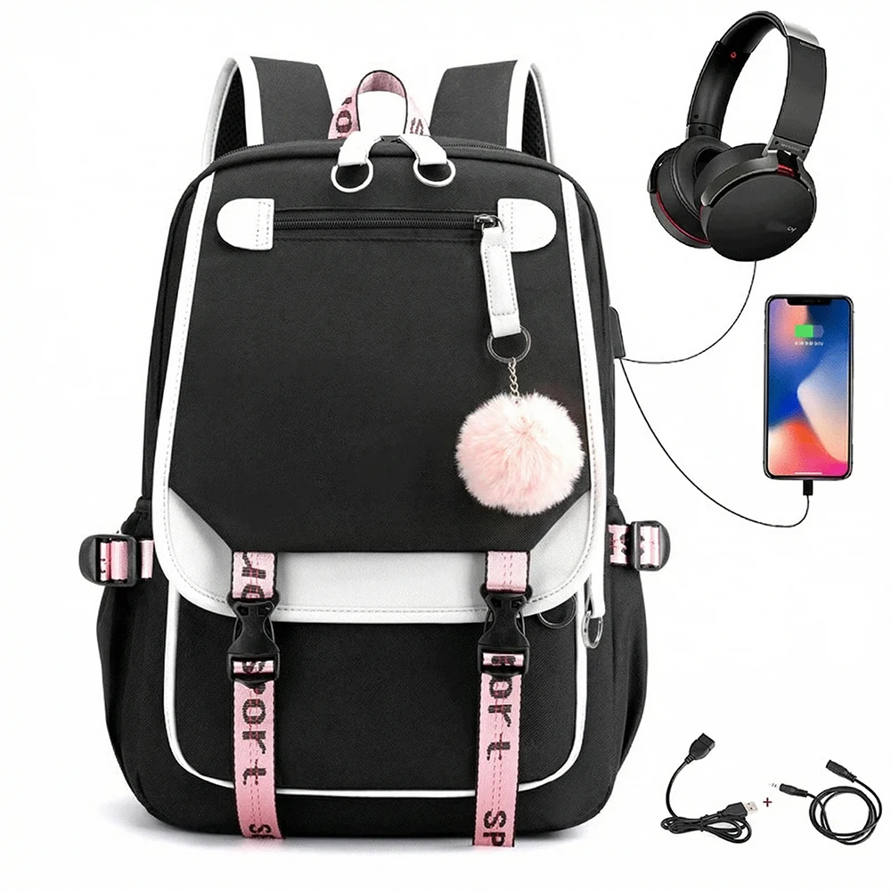 

Unisex Cute School Backpack for Boys And Girls Fashionable Harajuku Style Travel Hiking Bag Black And Pink College Student Bookb