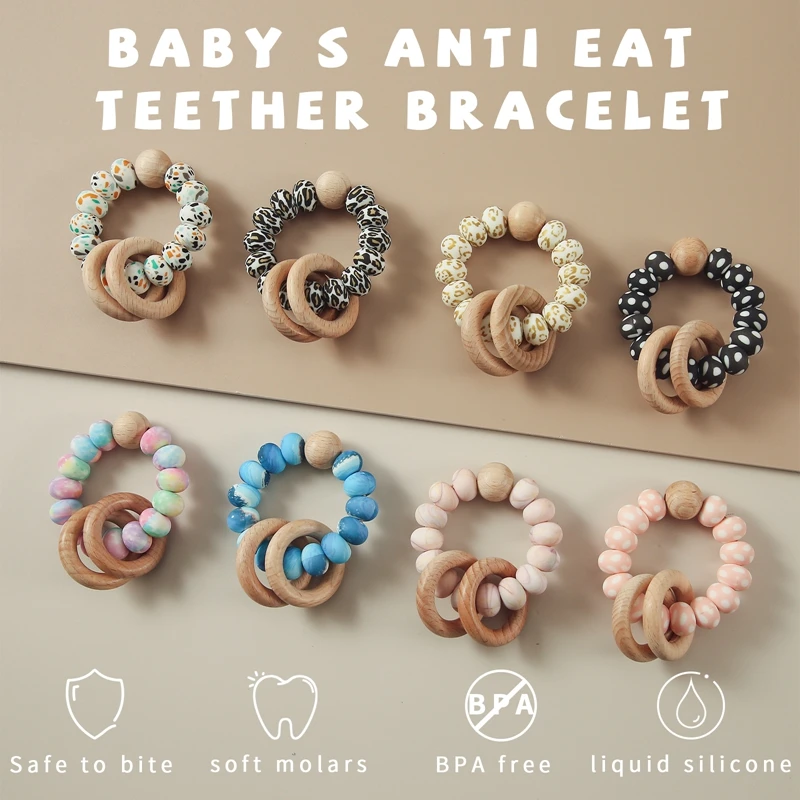 Baby Wooden Ring Teether Bracelet Food Grade Silicone BPA Free Newborn Baby Soothe Rattle Baby Bites Toy Nursing Accessories