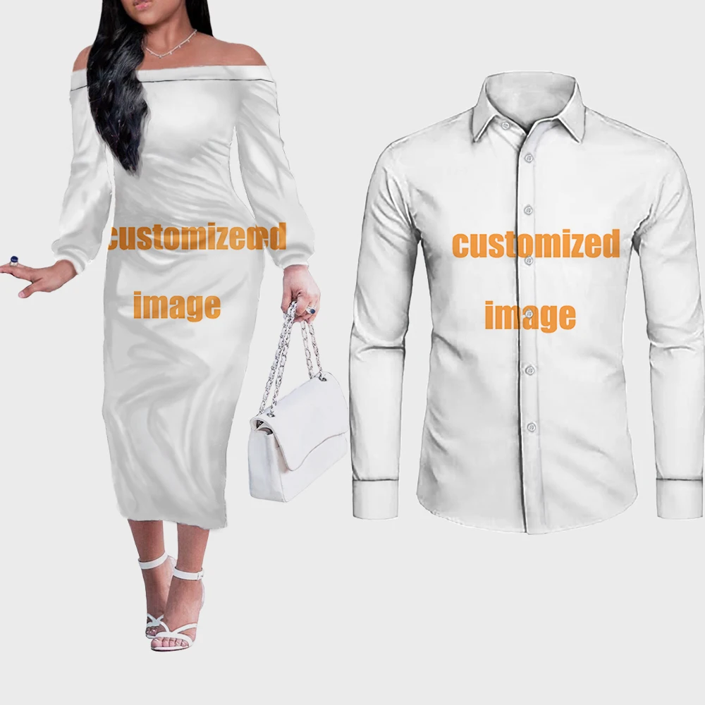 Noisydesigns Off Shoulder Dresses Women Match Men Shirt Polynesian Plumeria Pohnpei Island Elegant Party Long Sleeve Maxi Dress